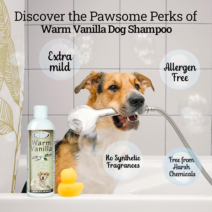 Warm Vanilla Dog Shampoo - Gentle Castile Soap for All Coat Types, Mild and Enriching Hydrating Formula for Dogs 4 Weeks & Above, Carefully Crafted, 16 oz