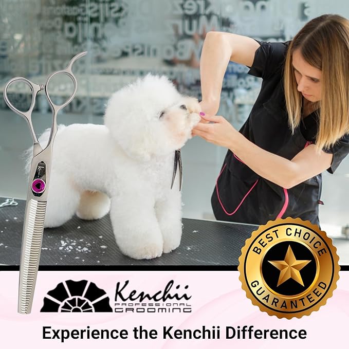 Kenchii Love Left Handed Dog Grooming Scissors, 46 Tooth Thinning Shears, Dog Scissors for Grooming, Professional Pet Grooming Scissors, Ergonomic & Comfortable