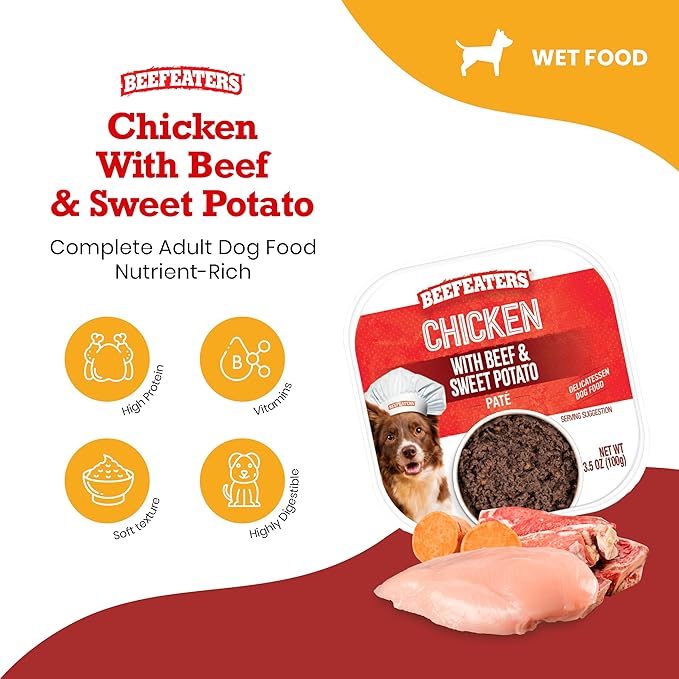 Beefeaters Dog Treats - Chicken, Beef & Sweet Potato Pate 3.5oz, Case of 96 | Complete Adult Dog Food, No Artificial Preservatives | Highly Digestible, Nutrient-Rich | Dog Training Treats for Adults