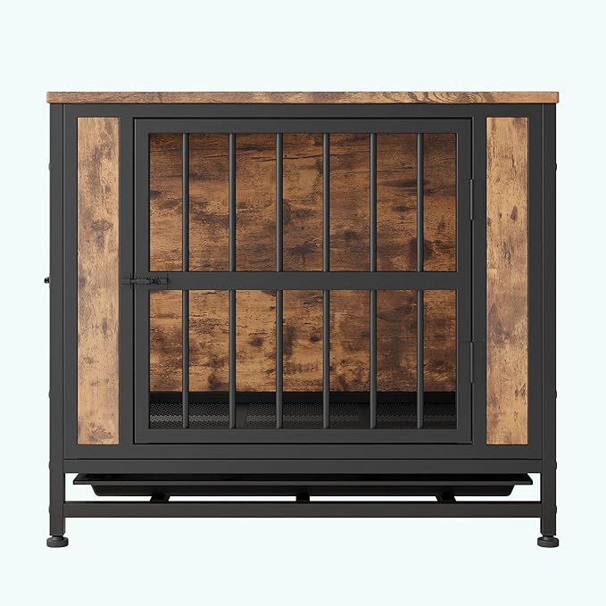 Ball & Cast 27.48" Wooden Dog Kennel with 2 Sliding Doors,Decorative Pet Crate Furniture with Pull-Out Tray,Thick Iron Frame Indoor Dog Cage for Small Dogs,Easy Assembly,Rustic Brown