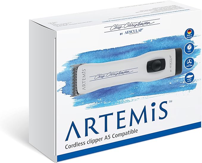 Chris Christensen Artemis Dog Clipper, Cordless Grooming, #10 Blade, Runs Quiet 63 db, Lightweight 0.84 lbs, 4-Hours Run Time Lithuim Ion Battery, Made in Germany, White