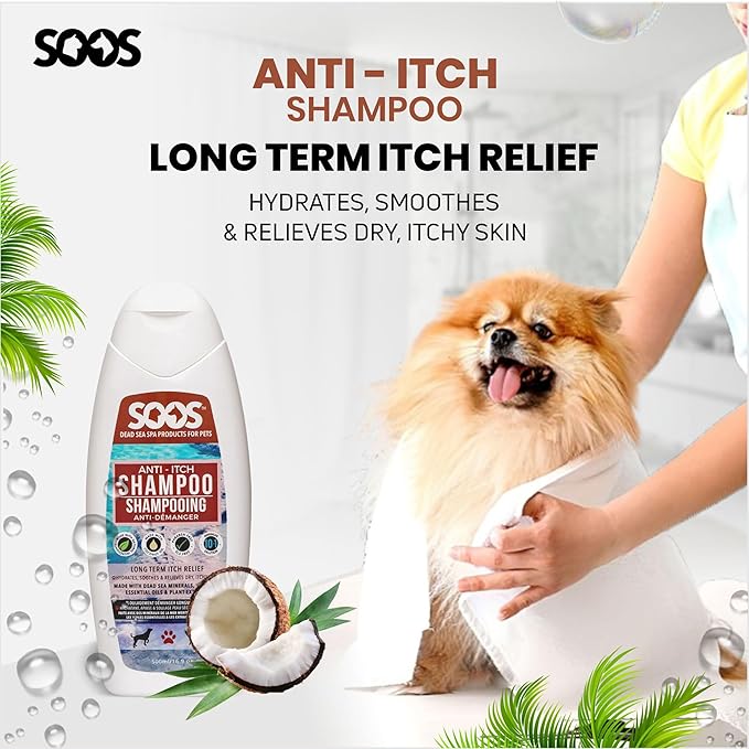 Soos Pet Anti-Itch Shampoo for Dogs and Cats - Natural Dead Sea Fast Absorbing - Clean Fur with Vitamins Minerals Essential Oils Natural Ingredients - 500ml