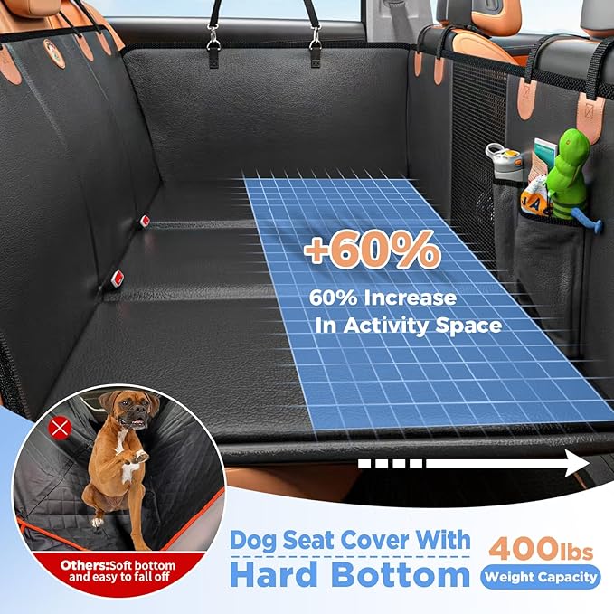 Back Seat Extender for Dogs - Hard Bottom Dog Car Seat Cover for Truck Back Seat, Dog Hammock for Car, Upgraded PU Leather Material, Larger Space, Holds 400lbs