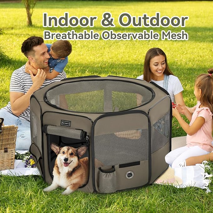 PETSFIT Dog Playpen, 36" Dia Sturdy Foldable Puppy Playpen for Dogs Cats Indoor/Outdoor, Portable Pet Playpen with Carring Case, Removable Mesh Zipper Top and Waterproof Playpen Mat Army Green M