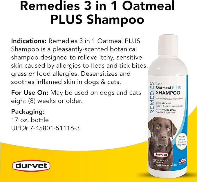 Durvet 011-51116 Naturals 3 in 1 Oatmeal Plus Shampoo, 17 oz, Clear