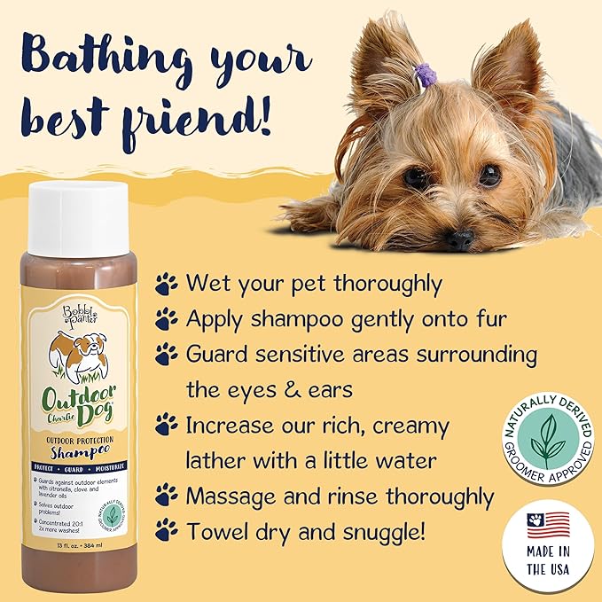 Bobbi Panter Charlie Outdoor Dog Shampoo to Protect Fur & Moisturizes Skin, Natural Ingridients, Tear-Free, pH-Balanced, Concentrated 20:1 Formula, Clove & Cedarwood Scent, 13 oz.