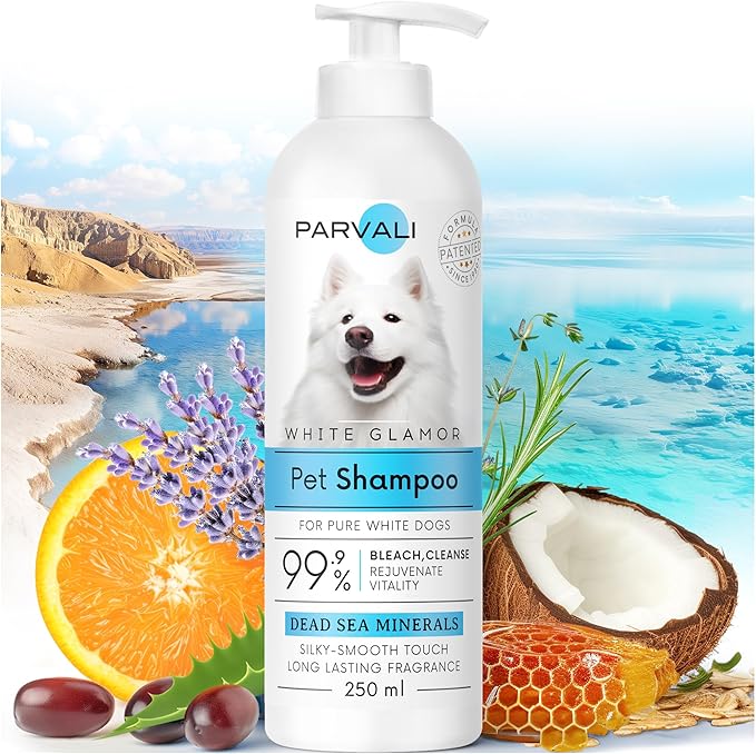 Natural Dead Sea White Glamor Pet Shampoo (250 ml, 8.45 fl oz). Gentle Bleaching for White Fur Breeds. Silky-Touch, Minerals Rich, Extra-Scented Formula for Gentle and Easy Application. Enjoy!
