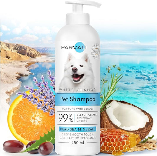 Natural Dead Sea White Glamor Pet Shampoo (250 ml, 8.45 fl oz). Gentle Bleaching for White Fur Breeds. Silky-Touch, Minerals Rich, Extra-Scented Formula for Gentle and Easy Application. Enjoy!
