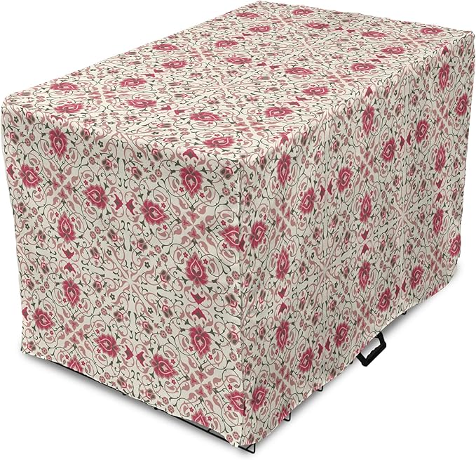 Lunarable Traditional Dog Crate Cover, Lotus Motif with Petals Swirled Stalks and Leaves, Easy to Use Pet Kennel Cover for Small Dogs Puppies Kittens, 22 Inch, Champagne Dried Rose
