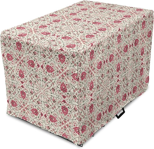 Lunarable Traditional Dog Crate Cover, Lotus Motif with Petals Swirled Stalks and Leaves, Easy to Use Pet Kennel Cover for Medium Large Dogs, 48 Inch, Champagne Dried Rose