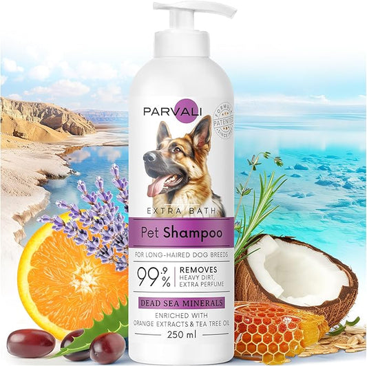 Natural Dead Sea Extra Bath Dog Shampoo (250 ml, 8.45 fl oz). for Long-Haired Breeds, Heavy Dirt Treatment, Anti-Itch Formula. Minerals Rich, Extra-Scented, Easy Application. Enjoy!