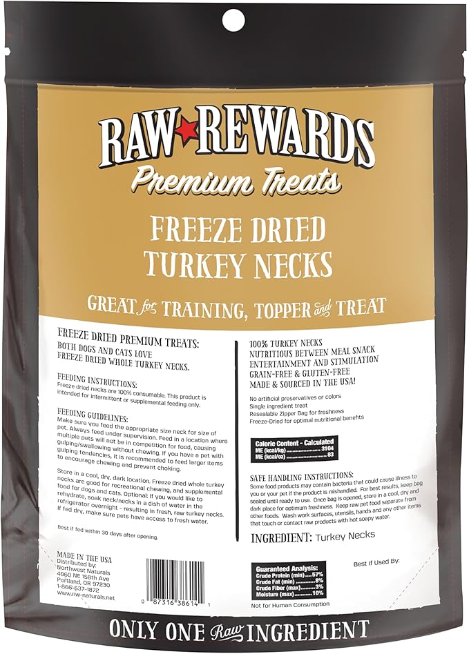 Northwest Naturals Raw Rewards Freeze-Dried Turkey Neck Treats for Dogs and Cats - Whole Neck - Healthy, 1 Ingredient, Human Grade Pet Food, All Natural - 6 Oz