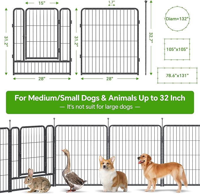 Mr IRONSTONE Dog Playpen with Anti-Rust Coating – 32" Height 16 Panels Portable & Foldable Indoor/Outdoor Pet Fence for Large, Medium, or Small Dogs – Durable Exercise Pen