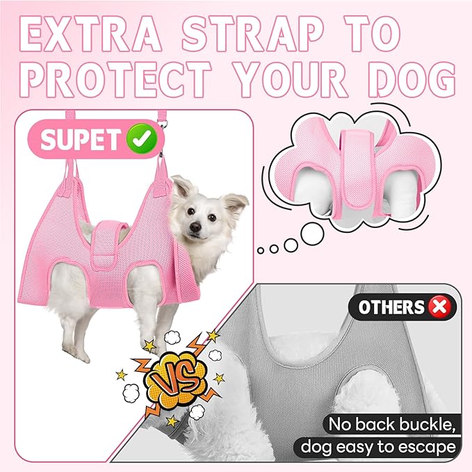 Supet Dog Grooming Hammock, New Pink Small Dog Sling for Nail Trimming, Back Protect Hanging Harness for Claw Care, Nail Trimming Restraint with Thick Fabric