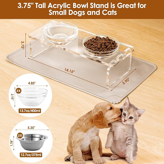 Dog and Cat Bowls Elevated Set - Acrylic Feeder Stand with 2 Set Removable Stainless Steel and Glass Bowls Food and Water Raised Dishes for Small Pet,3.75 inches