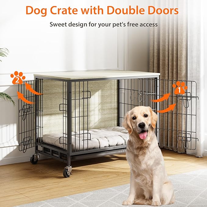Dog Crate Furniture, 27.2" Wooden Dog Kennel with Wheels & Double Doors, Dog Cage End Table Upgraded, Indoor Dog Crate House for Small Medium Dogs, Rustic Grey
