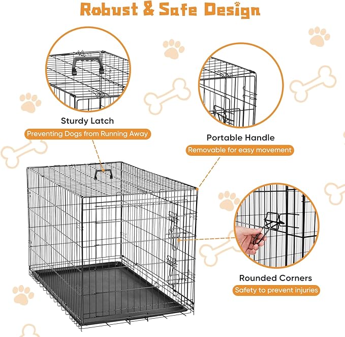 DUMOS Dog Crate, 42 Inch Large Double Door Dog Cage with Divider Panel and Plastic Leak-Proof Pan Tray, Folding Metal Wire Pet Kennel for Indoor, Outdoor, Travel