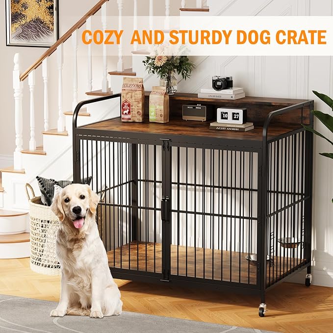 Dog Crate Furniture, Wooden Dog Crate End Table with Adjustable Height & 360° Rotating Feeder, Dog Kennel Indoor with 360° Wheels for Small Dogs, Heavy Duty Dog Crate (31.96''L x 20.47''W x 31.49''H)