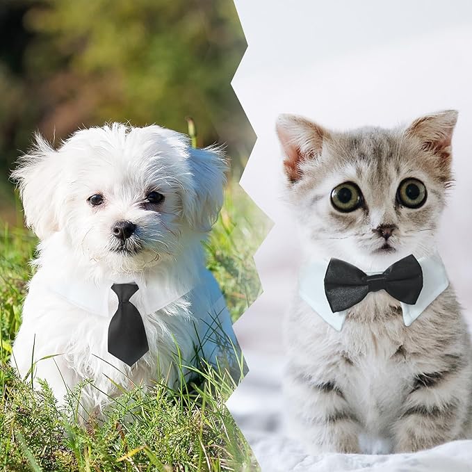 Cat Tuxedo, KOOLMOX Adjustable Suit White Collar with Formal Bows and Ties for Pet, Black Tiefor Small Medium Boy Cats Dogs Tuxedo Tux Outfits, Wedding Birthday Valentines Day Costumes, 2 Pack Black