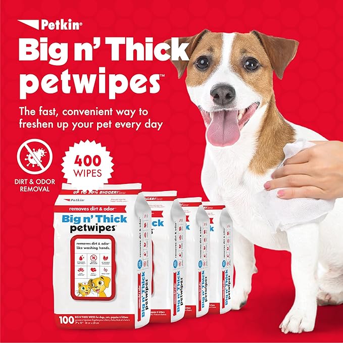 Petkin Pet Wipes for Dogs and Cats, 400 Large Wipes - Removes Dirt & Odor Like Washing Hands - Cleans Ears, Face, Butt, Eye Area - Convenient, Ideal for Home or Travel - 4 Packs of 100 Wipes