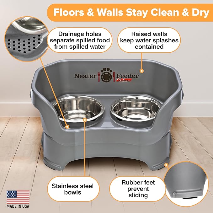 Neater Feeder Deluxe Mess Proof Dog Bowls Elevated Medium Sized Dog Breed – Made in USA – No Spill Raised Dog Food Bowl Stand – Stainless Steel Food and Water Bowl Set, Pet Feeding Station, Grey