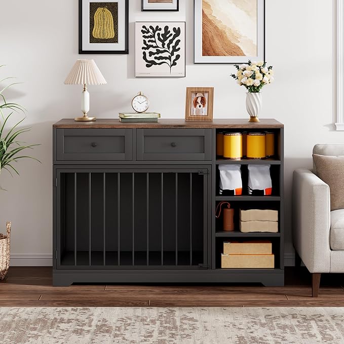 Dog Crate Furniture 47”, Large Dog Crate TV Stand with 2 Drawers and 4 Shelves, Wooden Dog Kennel Indoor, Decorative Dog Cage with Storage for Large Dogs, Black
