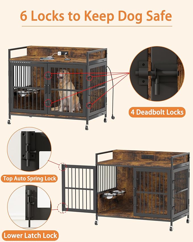 Piskyet Large Dog Crate Furniture,Heavy Duty Dog Crate Table with Charge Station and Storage&360°Rotatable Feeder and Stainless Steel Bowls,Indoor Double Door Kennel with Wheels,Rustic Brown 39.9" L