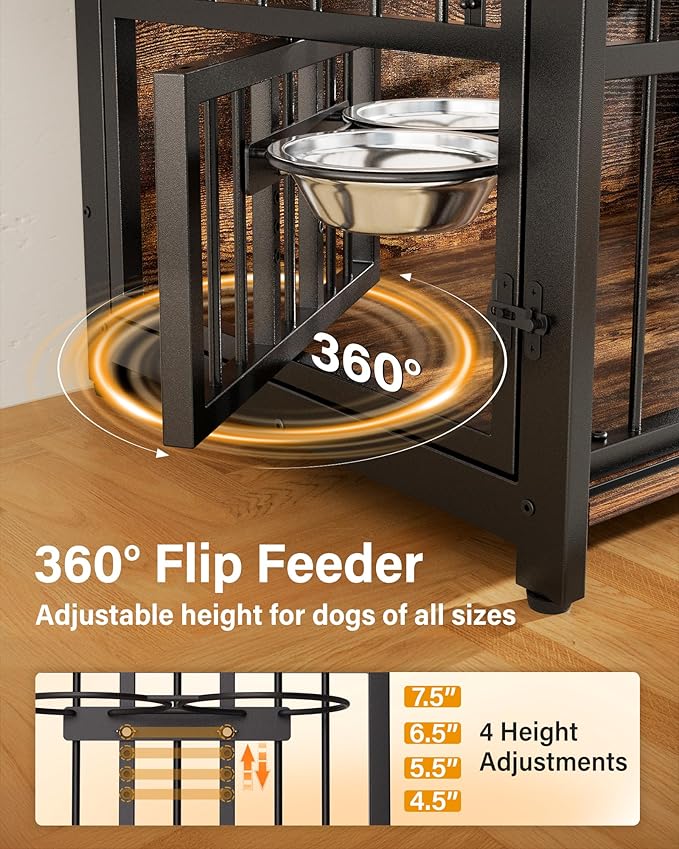 Dog Crate Furniture for Large Breed, Sliding Barn Door Dog Crate with Interactive Window for Anxiety Dogs, 360°Rotatable & Elevated Dogs Bowls, Wooden Dog Kennel Furniture, Dog Cage Furniture Indoor