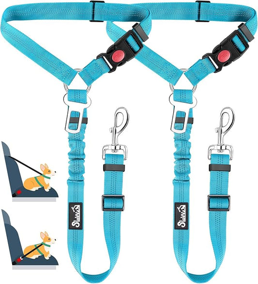 Lukovee Dog Car Seat Belt, 2 Pack Headrest Restraint Seatbelt, Adjustable Pet Safety Leads with Reflective Elastic Bungee for Dog Harness Collar Travel Daily Use (Tiffany Blue,Headrest+Clip)