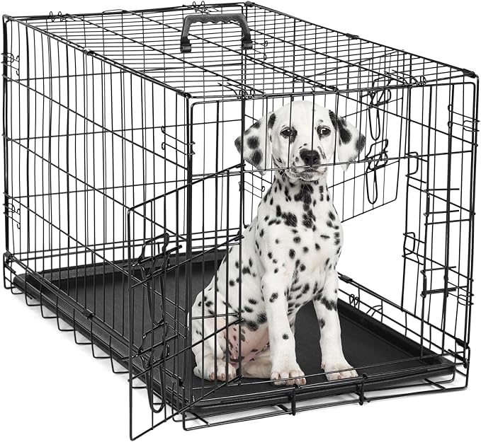 DUMOS Dog Crate, 30 Inch Medium Double Door Dog Cage with Divider Panel and Plastic Leak-Proof Pan Tray, Folding Metal Wire Pet Kennel for Indoor, Outdoor, Travel
