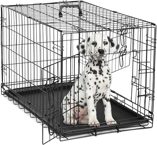 DUMOS Dog Crate, 30 Inch Medium Double Door Dog Cage with Divider Panel and Plastic Leak-Proof Pan Tray, Folding Metal Wire Pet Kennel for Indoor, Outdoor, Travel