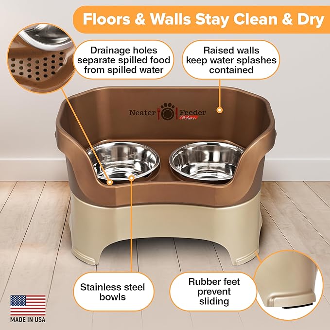 Neater Feeder Deluxe Mess Proof Dog Bowls Elevated for Large Breed – Made in USA – No Spill Raised Dog Food Bowl Stand – Stainless Steel Food and Water Bowl Set, Pet Dish Feeding Station, Bronze