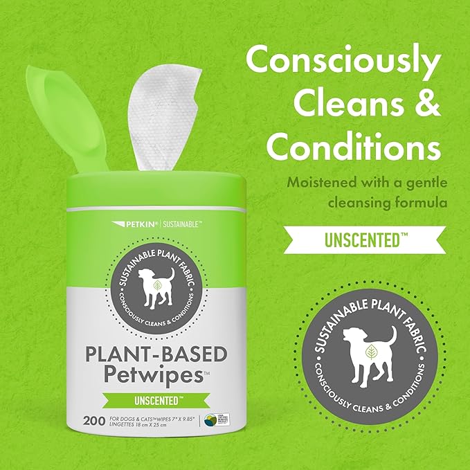 Petkin Plant-Based PetWipes, 200 Wipes - Biobased, Sustainable, Big & Thick Pet Wipes for Dogs & Cats - for Face, Paws, Ears, Body & Eye Area - Consciously Cleans & Conditions - Unscented
