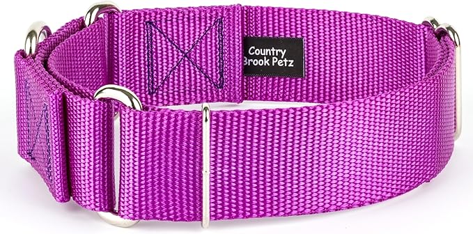 Country Brook Petz - Vibrant 18 Color Selection - 1 1/2 Inch Martingale Heavyduty Nylon Dog Collar (Medium, Bright Purple)