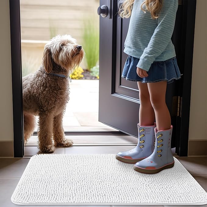 OLANLY Dog Door Mat for Muddy Paws 59x24, Absorbs Moisture and Dirt, Absorbent Non-Slip Washable Mat, Quick Dry Chenille, Mud Mat for Dogs, Entry Indoor Door Mat for Inside Floor, White
