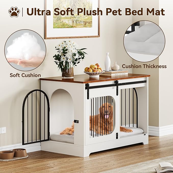 Dog Crate Furniture, 39.4" Dog Kennel for Dogs Up to 70 Lb, with Bed Mat, Heavy-Duty Dog Cage End Table, Three Doors Dog House, White/Brown