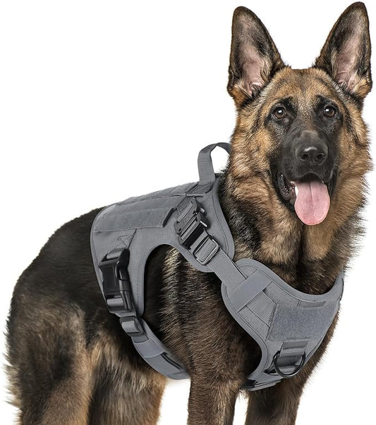 rabbitgoo Tactical Dog Harness for Large Dogs, Heavy Duty Dog Harness with Handle, No-Pull Service Dog Vest Large Breed, Adjustable Military Dog Vest Harness for Training Hunting Walking, Grey, L