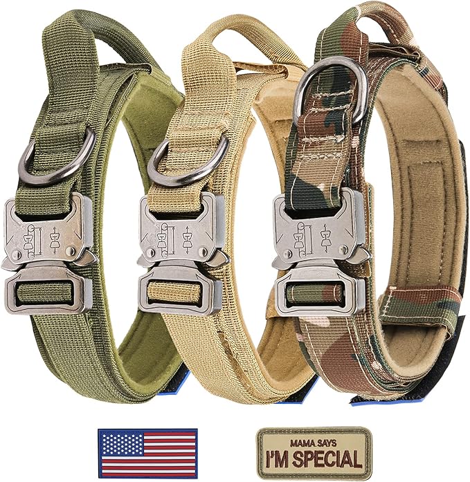 KCUCOP Tactical Dog Collar - Heavy Duty Dog Collar with Handle and Metal Buckle, Military Thick Dog Collars for Medium and Large Dogs(Upgrade Camo-L, 2 Patches)