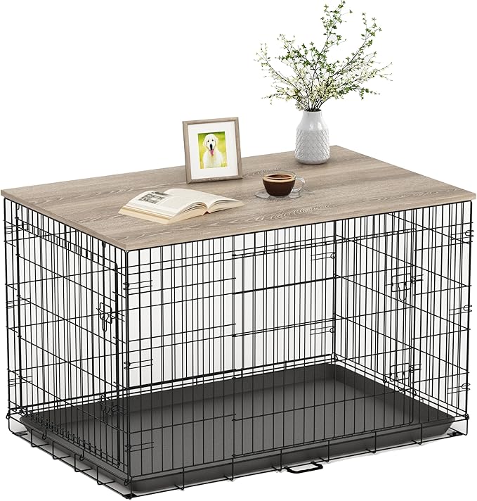 Piskyet Dog Crate Topper Wood Countertop for 48 42 36 30 24 inch Dog Cage, Dog Crate Cover,Dog Kennel Topper(Crate Not Include) (Grey, for 24 Inch Crate)