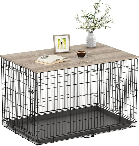 Piskyet Dog Crate Topper Wood Countertop for 48 42 36 30 24 inch Dog Cage, Dog Crate Cover,Dog Kennel Topper, 24" Grey(Crate Not Include)