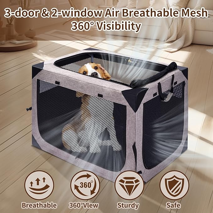 Dog Crate,30x21x21 Inch Large Dog Crate for Large or Medium Dogs, Portable and Foldable Design of Dog Cage, Perfect for Travel or Home Use, Dog Kennel with 3-Door and Durable Mesh Windows, Light Grey