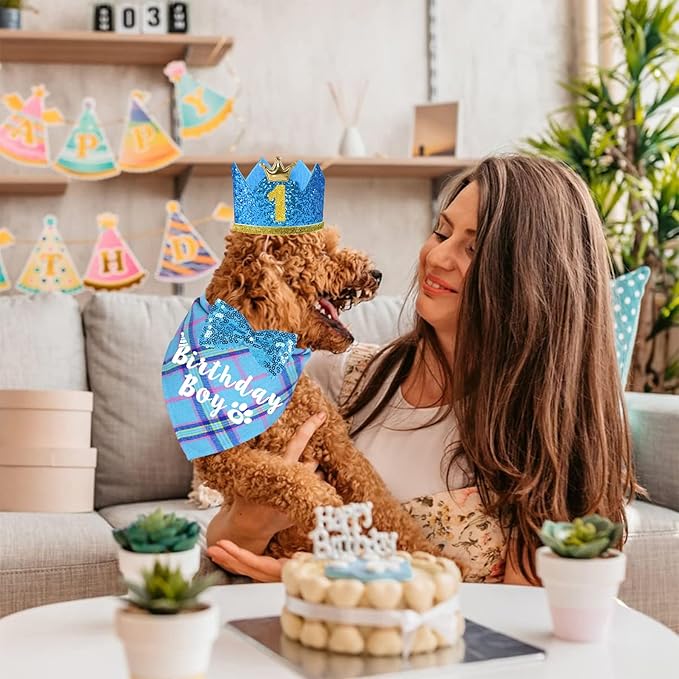 Dog Birthday Party Supplies, Multi Sizes Dog Birthday Hat Crown with Numbers Bandana Boy Bow Tie for Small Dogs Pets (Light Blue, Small)