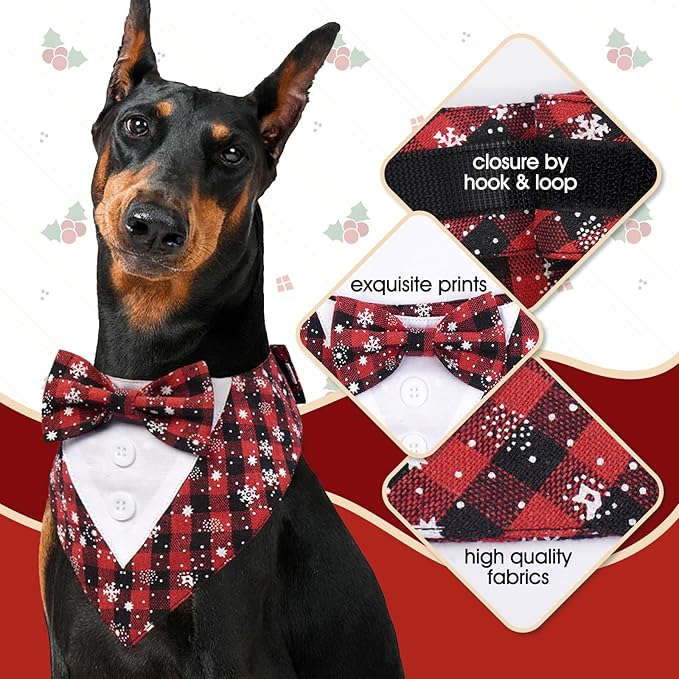 FUAMEY Dog Tuxedo,Formal Dog Bandana Dog Collar with Bow Tie Dog Birthday Costume Adjustable Pet Party Tux Dog Wedding Attire,Dog Valentines Cosplay for Small Medium Large Pets Christmas XS Snowflake