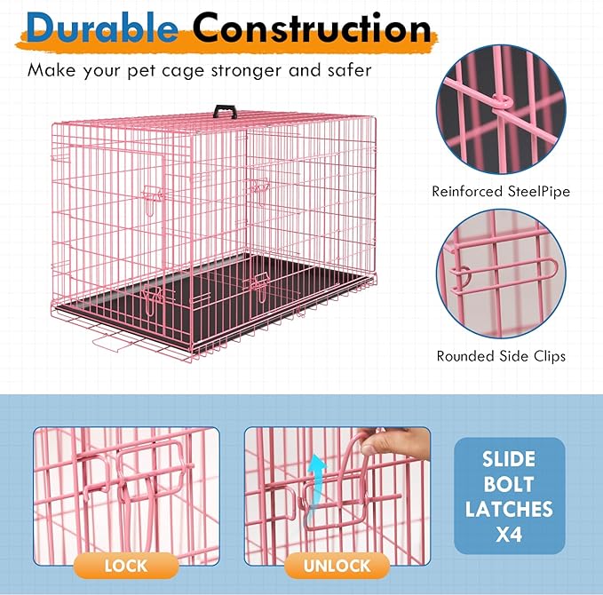 PayLessHere Large Dog Crate Kennel for Medium Large Dogs Metal Dog Cage Double-Door Folding Travel Indoor Outdoor Puppy Playpen with Divider and Handle Plastic Tray (48 Inch, Pink)