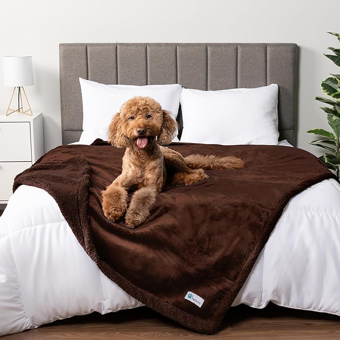 PetAmi WATERPROOF Dog Blanket for Bed, XL Dog Pet Blanket Couch Cover Protector, Sherpa Fleece Leakproof Blanket for Crate Kennel Sofa Furniture Queen Bed Protection Reversible Soft 90x90 Brown Brown