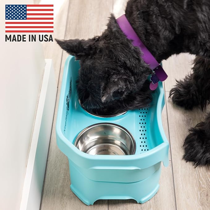 Neater Feeder Deluxe Mess Proof Dog Bowls Elevated Medium Sized Dog Breed – Made in USA – No Spill Raised Dog Food Bowl Stand – Stainless Steel Food and Water Bowl Set, Pet Feeding Station, Aquamarine