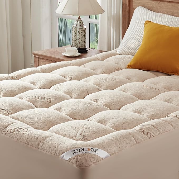 BEDLORE King Mattress Topper Viscose Derived from Bamboo, Thick Pillow Top Mattress Pad with Stretchable Pockets for 6"-18" Mattress, Soft Breathable Mattress Topper for Back Pain Relief(Beige)