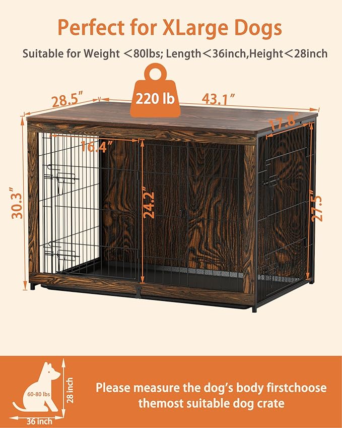 Megidok Wooden Dog Crate Furniture with Cushion, Dog Crate End Table with Tray, Double Doors Dog Crate(*L:43.1" L*28.6" W*30.3" H, Rustic Style)