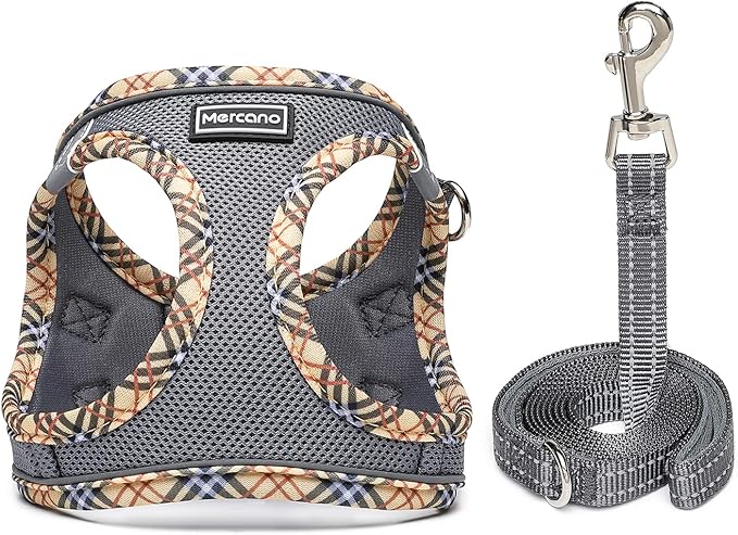 Mercano Soft Mesh Dog Harness and Leash Set, No-Chock Step-in Reflective Breathable Lightweight Easy Walk Escape Proof Vest Harnesses with Safety Buckle for Small Medium Dogs, Cats (Grey, L)