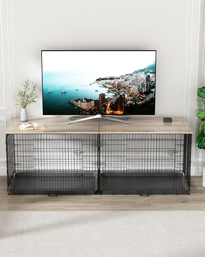 Piskyet Dog Crate Topper Wood Countertop for 48 42 36 30 24 inch Dog Cage, Dog Crate Cover,Dog Kennel Topper, 42" Grey(Crate Not Include)